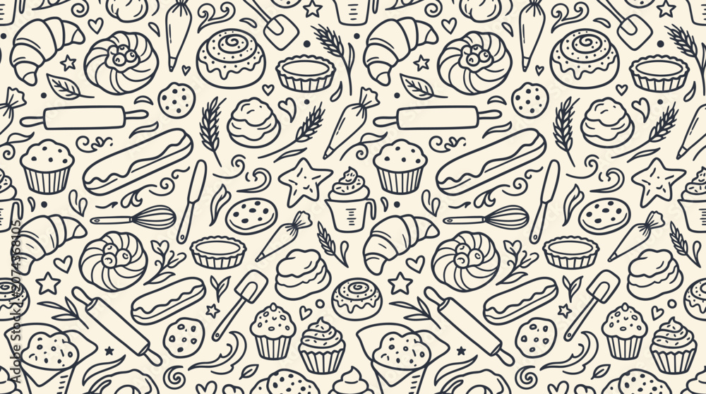 Naklejka premium A seamless pattern illustration showcases various sweet baked goods and utensils.