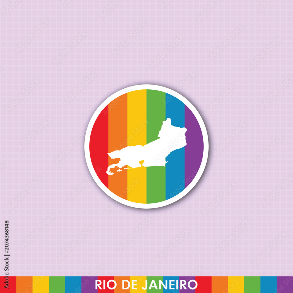 Naklejka premium Bold rainbow pride sticker featuring Rio de Janeiro state map. Great for LGBTQ+ themed prints, cards, merchandise and digital design.