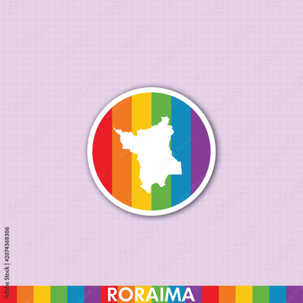 Naklejka premium Bold pride rainbow sticker featuring Roraima state map shape. Ideal for LGBTQ+ art, social media, creative prints and digital projects.