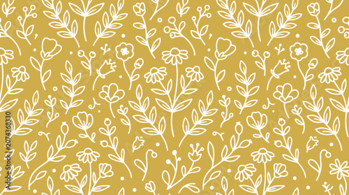 Tableau sur toile A hand drawn leaf pattern illustration features white floral designs on a yellow background
