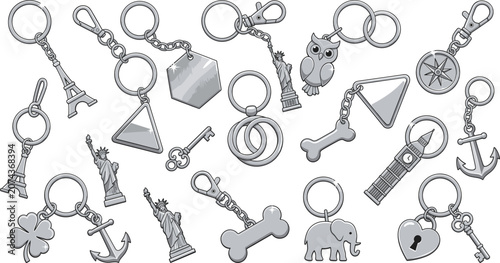 Tableau sur toile Metal keychain and keyring charm icon set, souvenir pendant vector cartoon silve