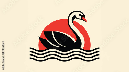 Vibrant swan on water with sunset