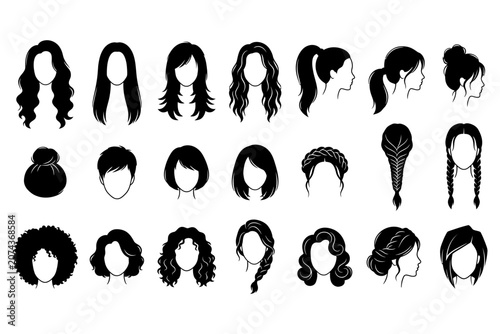 Large collection of female hairstyle silhouette icons with diverse hair designs