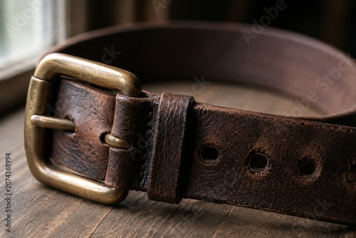 Canvastavla Close-up of a thick worn leather belt with buckle and eyelets.