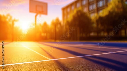 A sunset illuminates a basketball court with shadows stretching across the vibrant surface