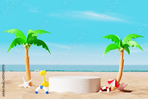 summer beach podium with palm trees for product display 3d rendering