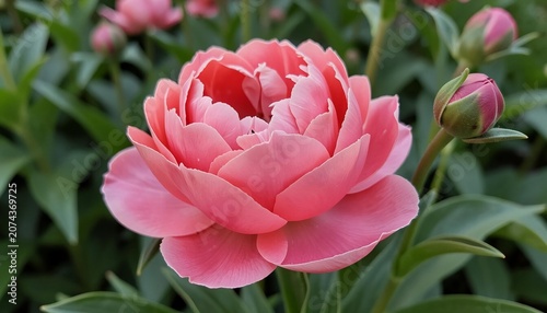 Coral Peony Bloom: A vibrant coral peony flower opens its lush petals to reveal a delicate center, surrounded by green foliage and buds, exuding natural beauty and freshness.