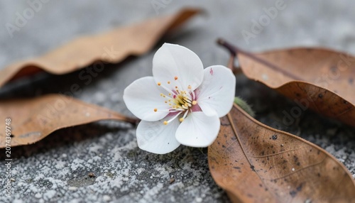 Fallen Blossom: A delicate white blossom lies fallen on a stone surface, surrounded by the dry, fallen leaves of autumn, creating a poignant scene of nature's cycle.