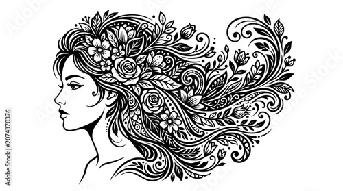 Foto Woman with floral hair illustration.