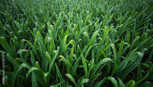 Lush green corn field with dew drops on leaves