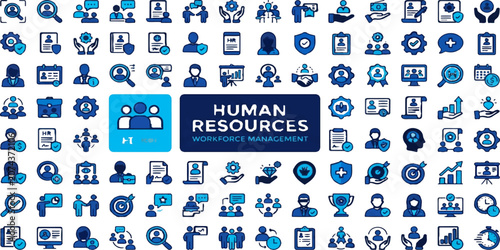 Human Resources Icons: A comprehensive collection of blue icons representing various aspects of human resources and workforce management, displayed against a clean white background.