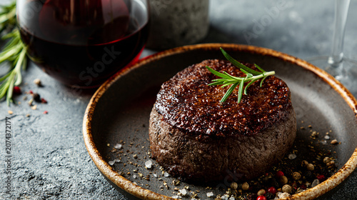 Grilled beef steak fillet with red wine rosemary seasoning restaurant culinary beverage