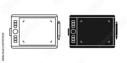 Schilderij op canvas Digital tablet with stylus outline and solid black symbols for creative hardware