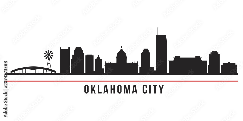 Obraz premium Oklahoma City skyline silhouette with windmill and red line urban