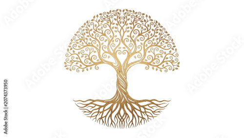 Elegant golden tree of life symbol with intricate branch and root patterns on a simple background