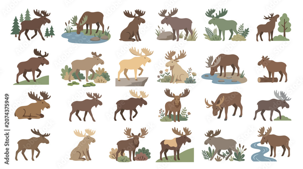 Fototapeta premium Collection of Diverse Moose Illustrations in Various Poses and Natural Settings.