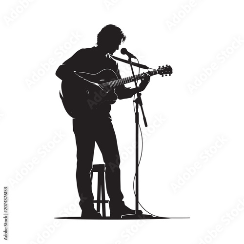 Musician Playing Guitar Silhouette Against White Background