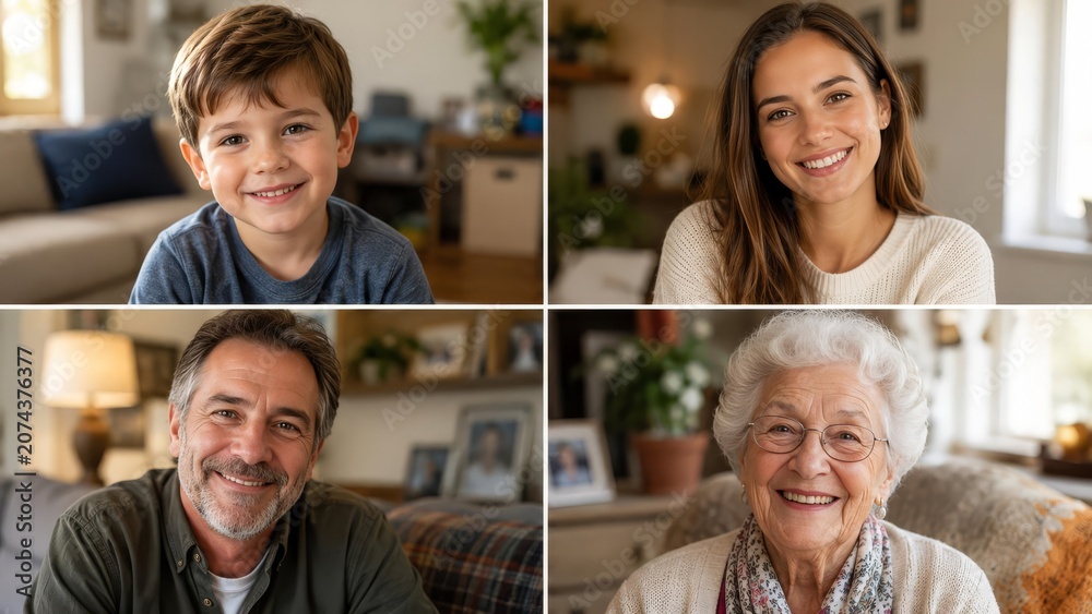 Fototapeta premium Four Generation Family Portrait Collage With Boy Woman Man and Elderly Woman