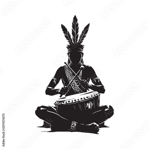 Foto Native american drummer silhouette with feathered headdress black and white illu