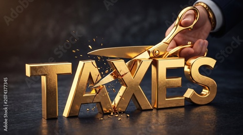 Golden Scissors Cutting the Word Taxes Symbolizing Tax Reduction and Financial Relief.