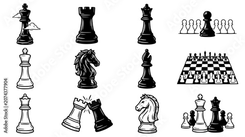 Foto Chess Pieces Collection: Strategy, Game, Vintage Style Icons