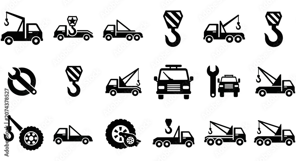 Naklejka premium Set of black tow truck icons for emergency road service assistance