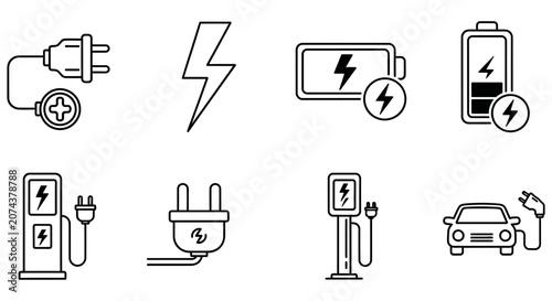 Set of electric vehicle charging station icons in outline style