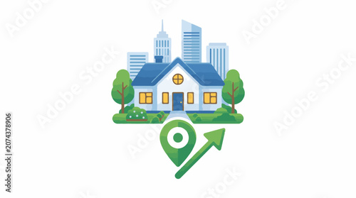 A house with blue roof and a green map pin in front