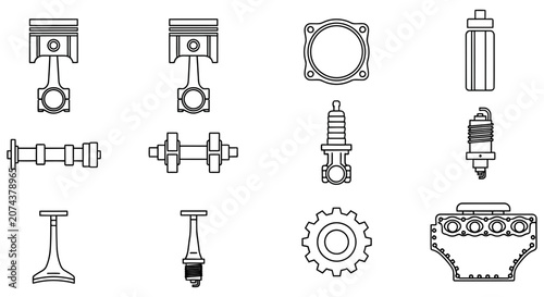 Collection of various automotive engine parts in flat vector style