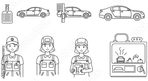 Professional car mechanics working on automotive maintenance and vehicle repair tasks