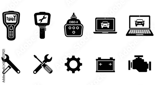 Black vehicle diagnostic icons set for automotive repair and maintenance services