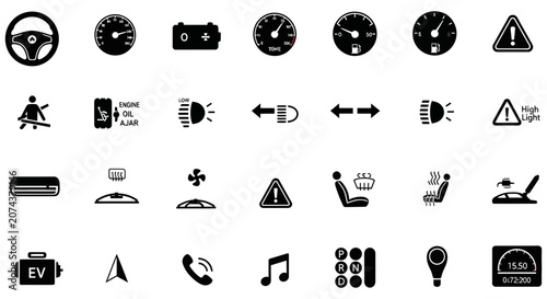 Set of black car dashboard indicator light and warning icons