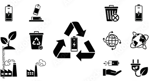 Black and white icons representing battery recycling and environmental energy sustainability