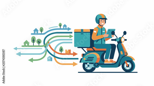 A delivery person rides a scooter with a large box navigating through a winding path with houses and trees