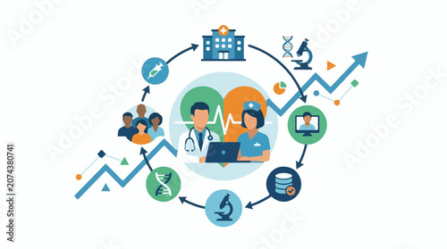 A cyclical flowchart of medical professionals surrounded by healthcare icons