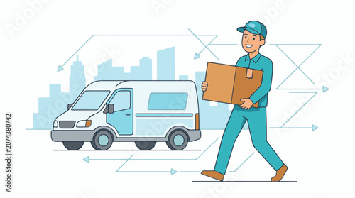 A delivery man in a teal uniform holding a cardboard box walking next to a van