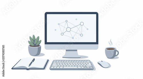 A computer with a graph on the screen keyboard mouse coffee cup and plant