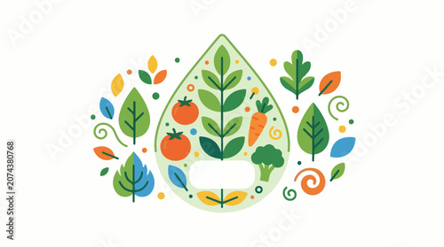 A colorful teardrop-shaped illustration of vegetables and leaves on a white background