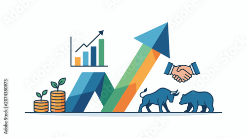 A colorful infographic depicting growth with a rising arrow bar graph coins with plants a handshake and a bull and b