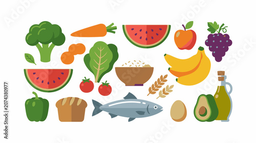 A colorful illustration of various healthy food items including fruits vegetables and other nutritious foods
