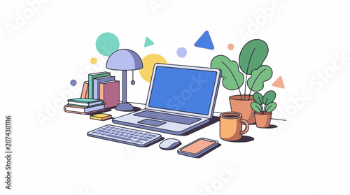 A colorful illustration of a workspace with a laptop books lamp plant and coffee mug on a white background