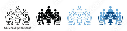 meeting with six people sitting around a square table in a conference room icon set, business meeting icon , vector illustration new 