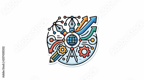 A colorful illustration of a globe surrounded by creative tools and symbols