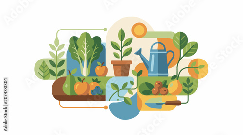 A colorful illustration of a garden scene with plants fruits and gardening tools