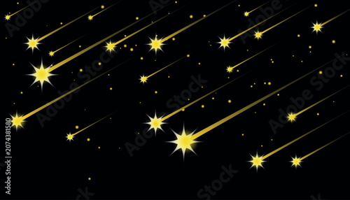 Golden shooting stars and streaks on black background