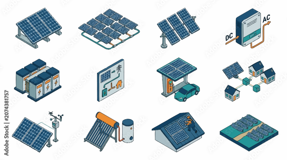 Fototapeta premium Flat Design Solar Energy Technology Icons Collection.