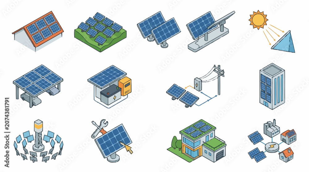 Fototapeta premium Flat Design Solar Energy Technology Icons Collection.