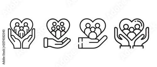 Fotografía Set of four line icons showing human family people inside a heart shape held by hands representing care support and community love
