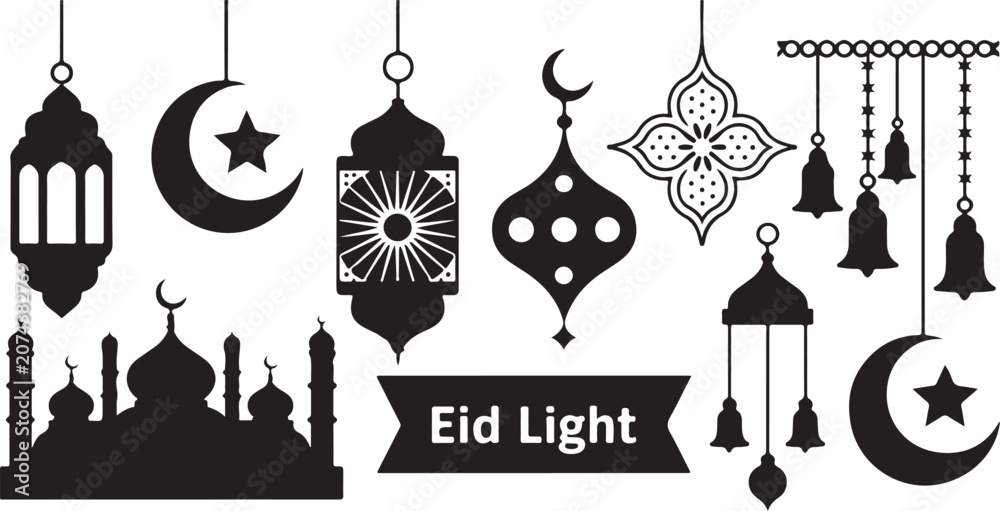 Naklejka premium Islamic eid mubarak ramadan kareem icons collection featuring lanterns moon star mosque silhouette and festive hanging decorations.