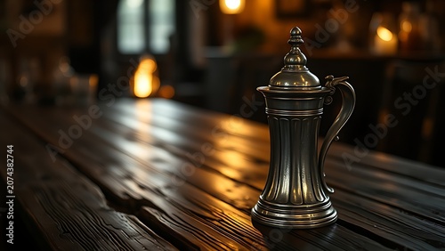 A pewter flagon on a rustic wooden table, reflecting warm firelight in a dark setting.